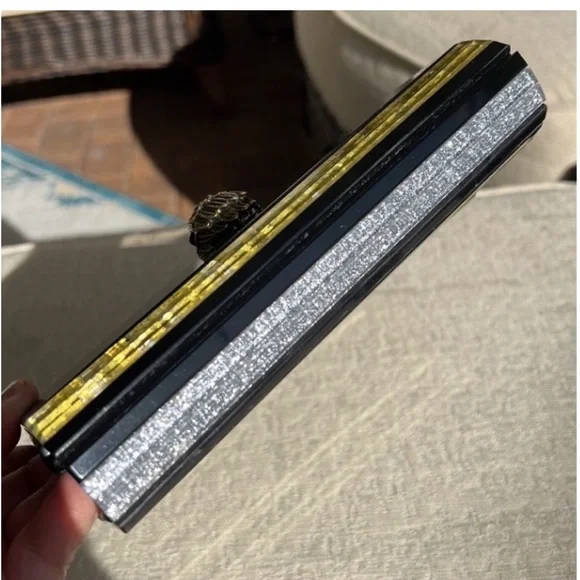 KURT GEIGER NWT BLACK MOTHER OF PEARL  glitter Party clutch on chain black - Picture 7 of 15